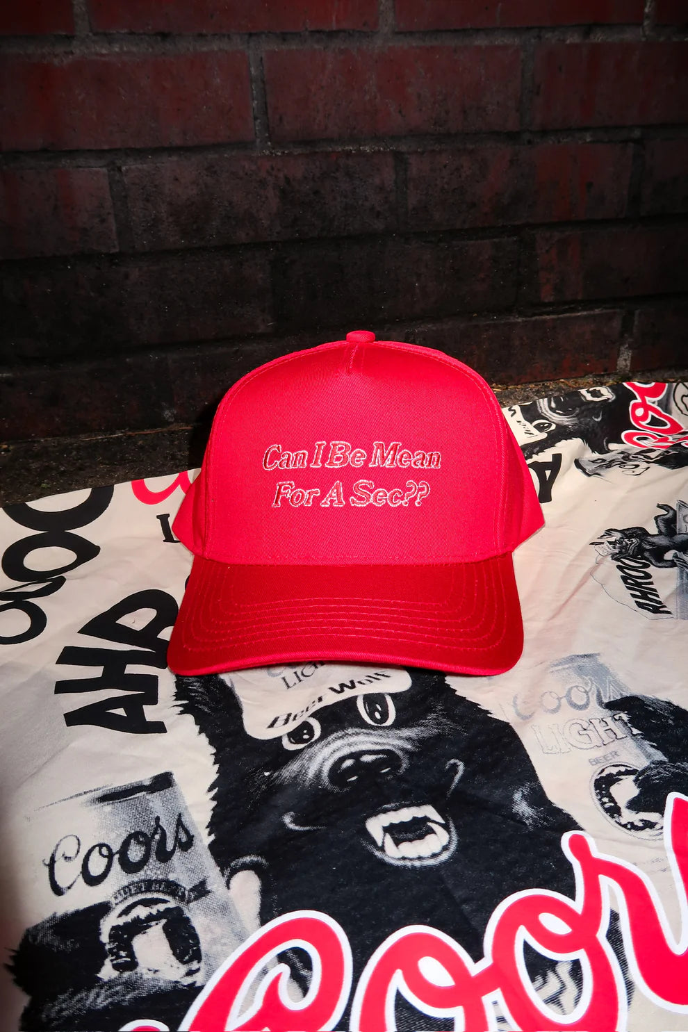 Bright red trucker hat with white embroidered text that reads "Can I Be Mean For A Sec??", displayed against a graphic print background.