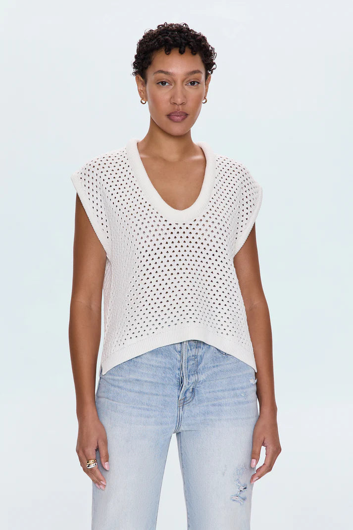 Front view of the Beck Open Knit Cropped Sweater in ivory, featuring a wide scoop neckline, open knit texture, cap sleeves, and boxy cropped silhouette styled with light-wash denim.