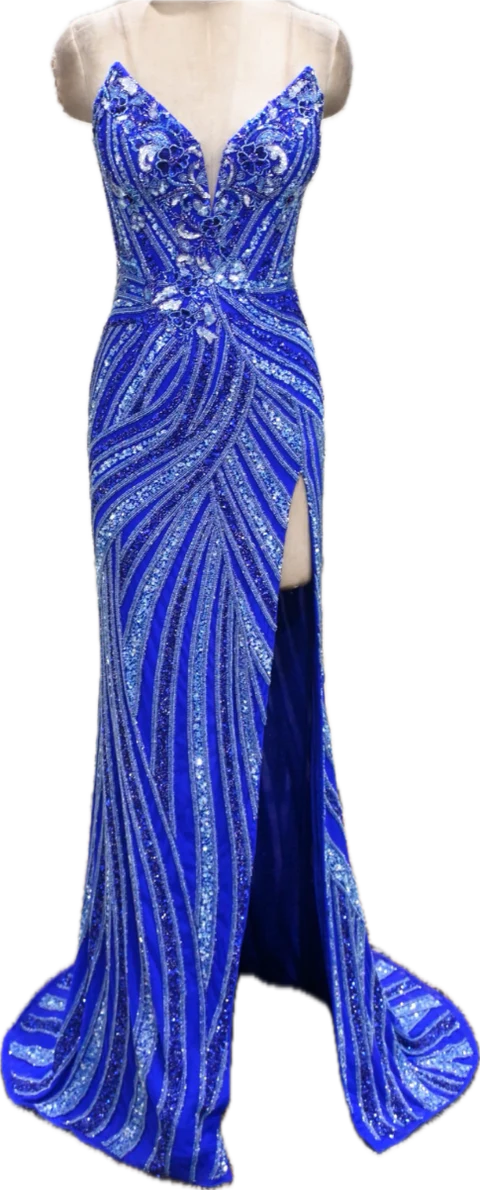 Front view of Ava Presley 47123 gown in royal blue with plunging neckline, sequin pattern, and high slit.