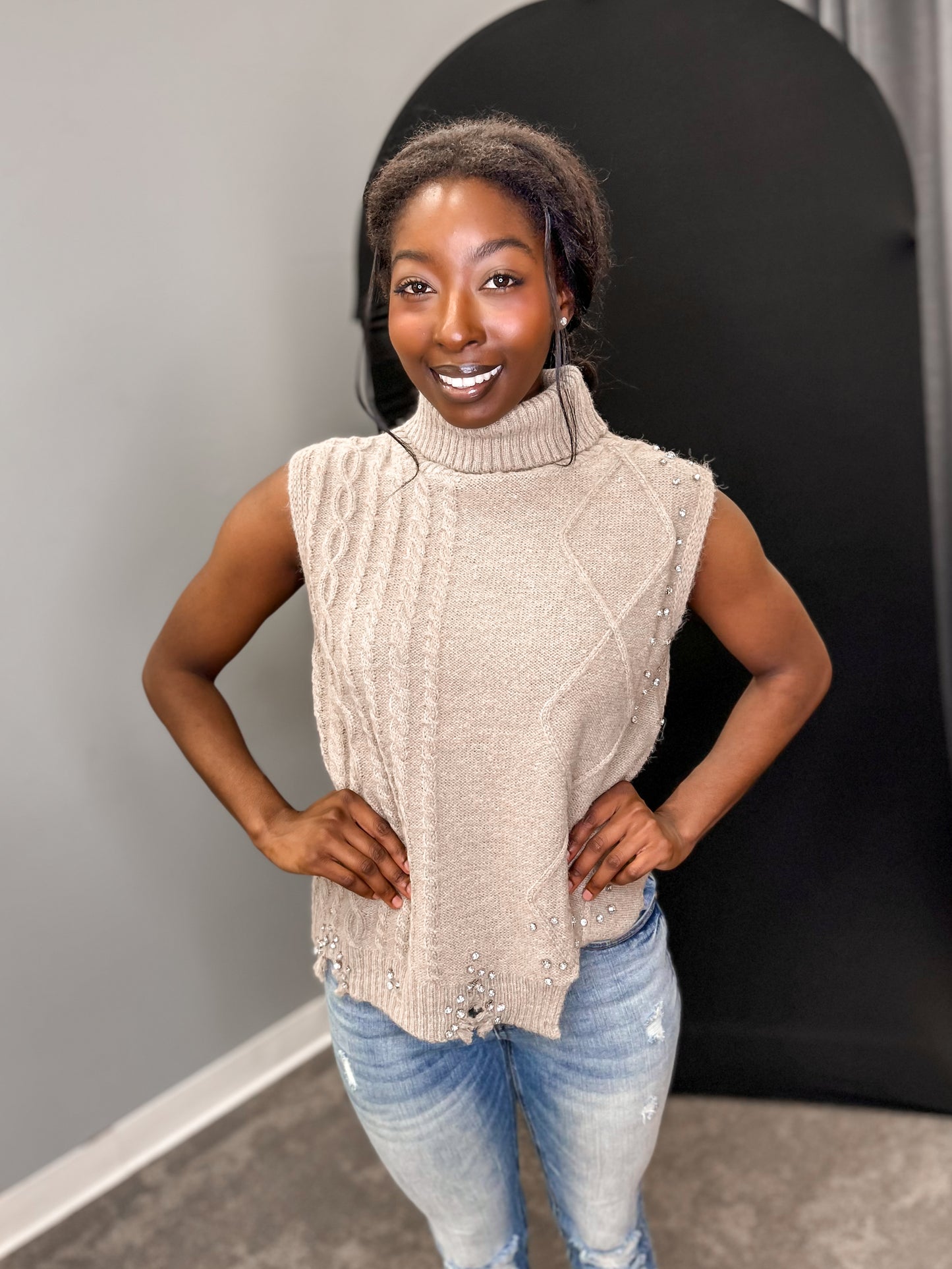 Taupe Turtleneck Sleeveless Sweater