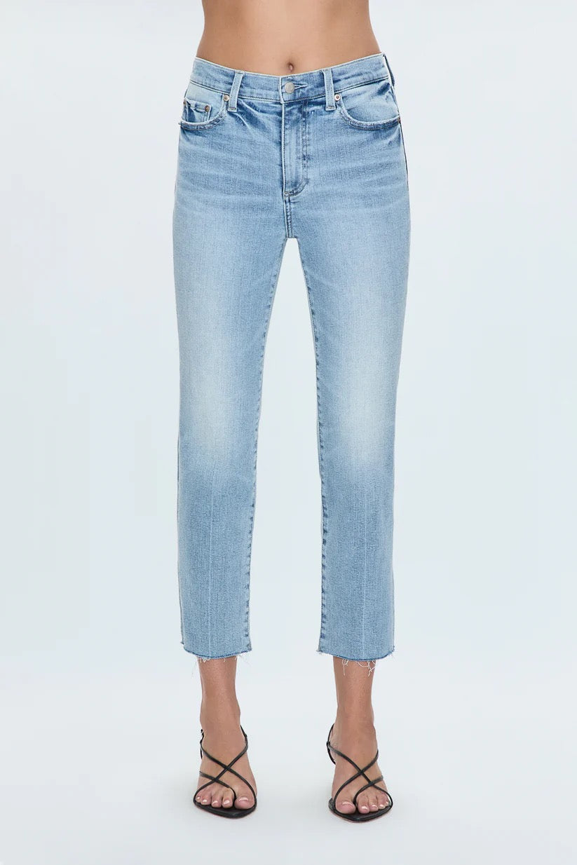 Close-up view of front fit and light wash detail of Pistola Monroe Jean in Strive