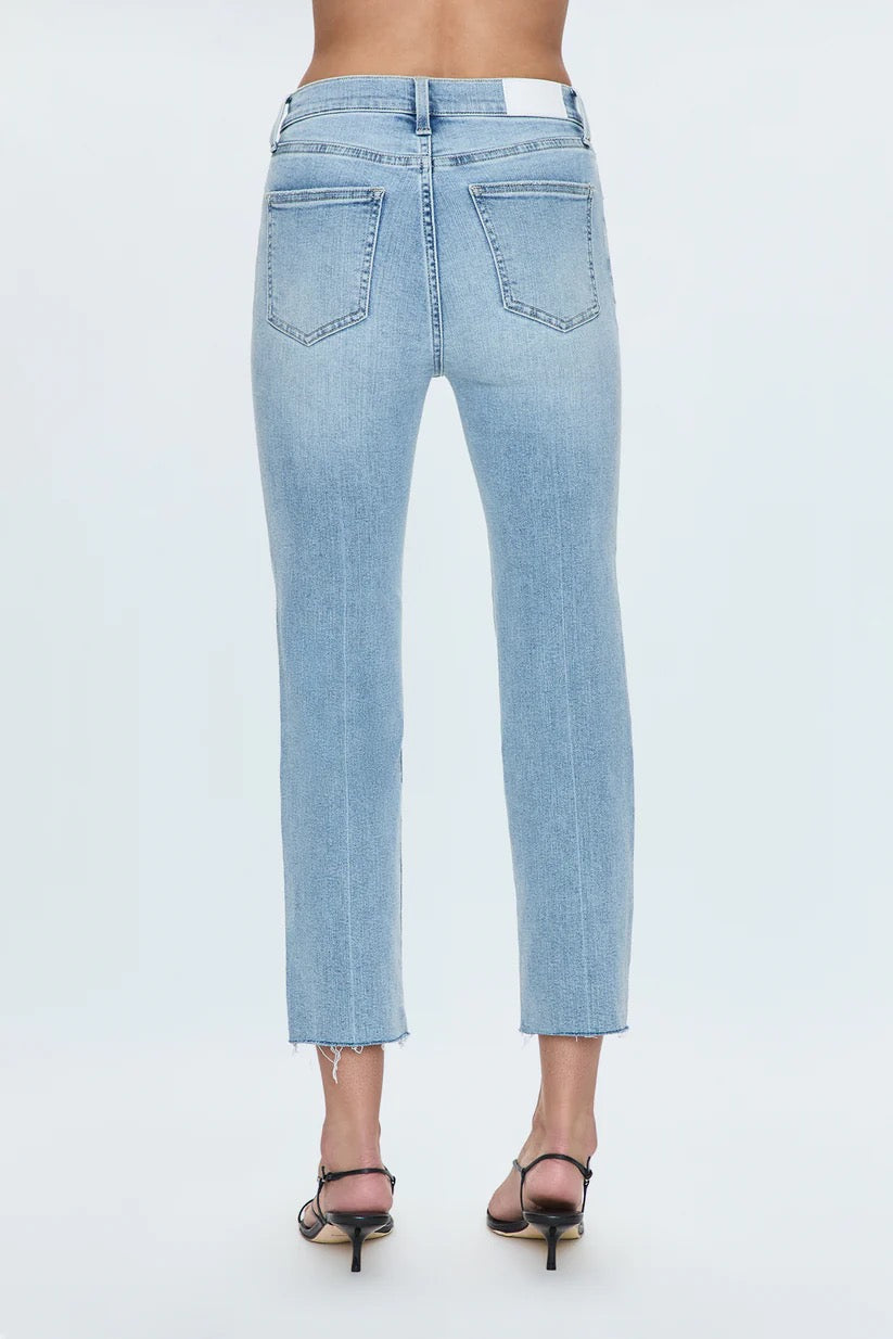 Rear view showing pocket placement and raw hem detail on Pistola Monroe Crop Jean in Strive