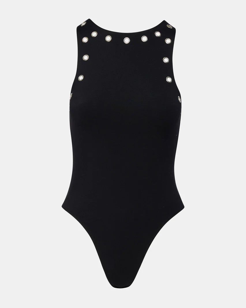Steve Madden black bodysuit with silver grommet detailing on neckline and shoulders, displayed flat against white background.