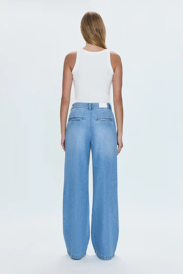 Full back view of Pistola Dalia High Rise Wide Leg Trouser in mid-wash blue denim