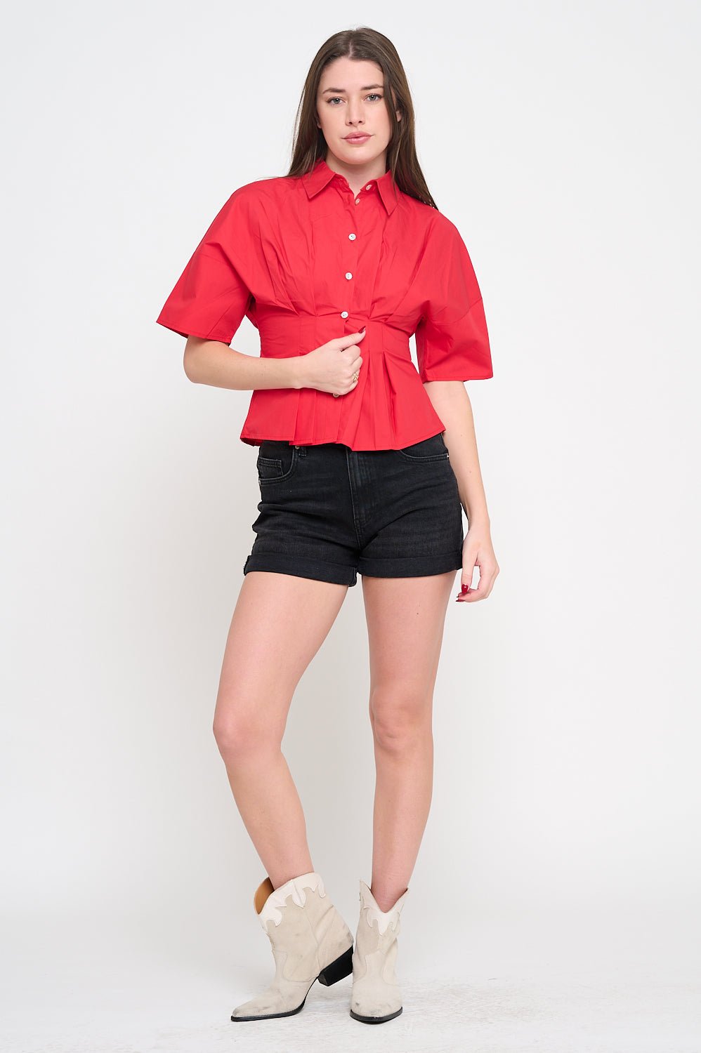 Red Poplin Pin-Tucked Top