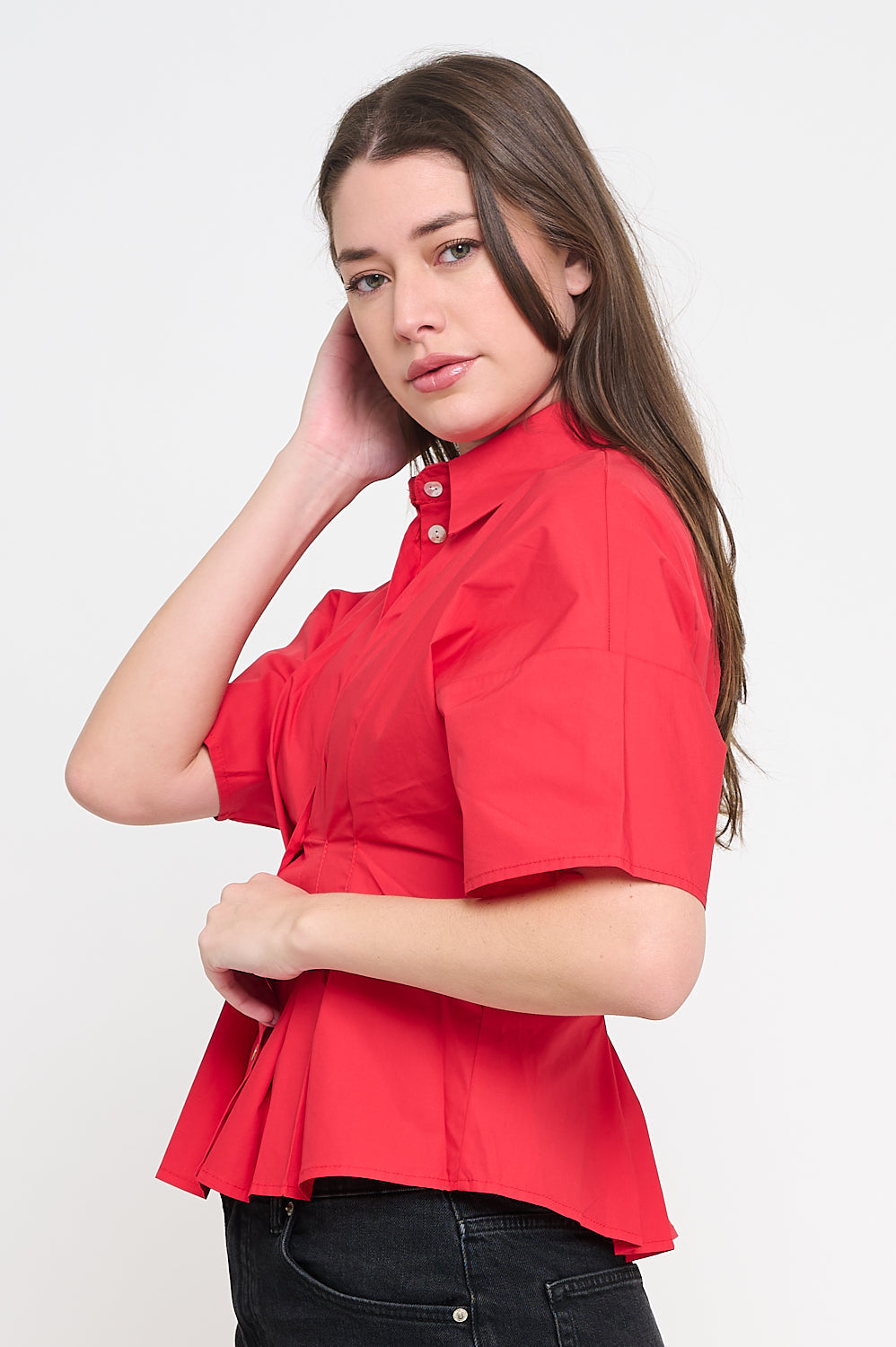 Red Poplin Pin-Tucked Top