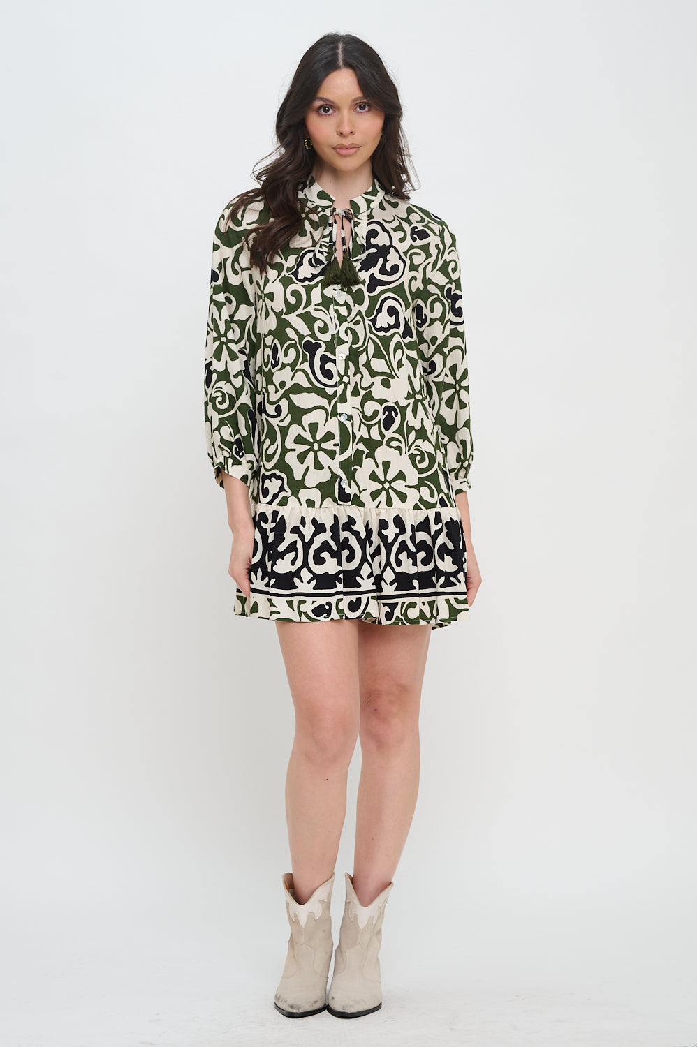Olive Scroll Long Sleeve Dress