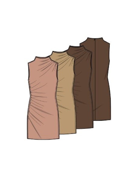 brown mini bodycon dress, ruched sleeveless dress, high neck mini dress, chocolate brown dress for women, fitted neutral dress, date night mini dress.