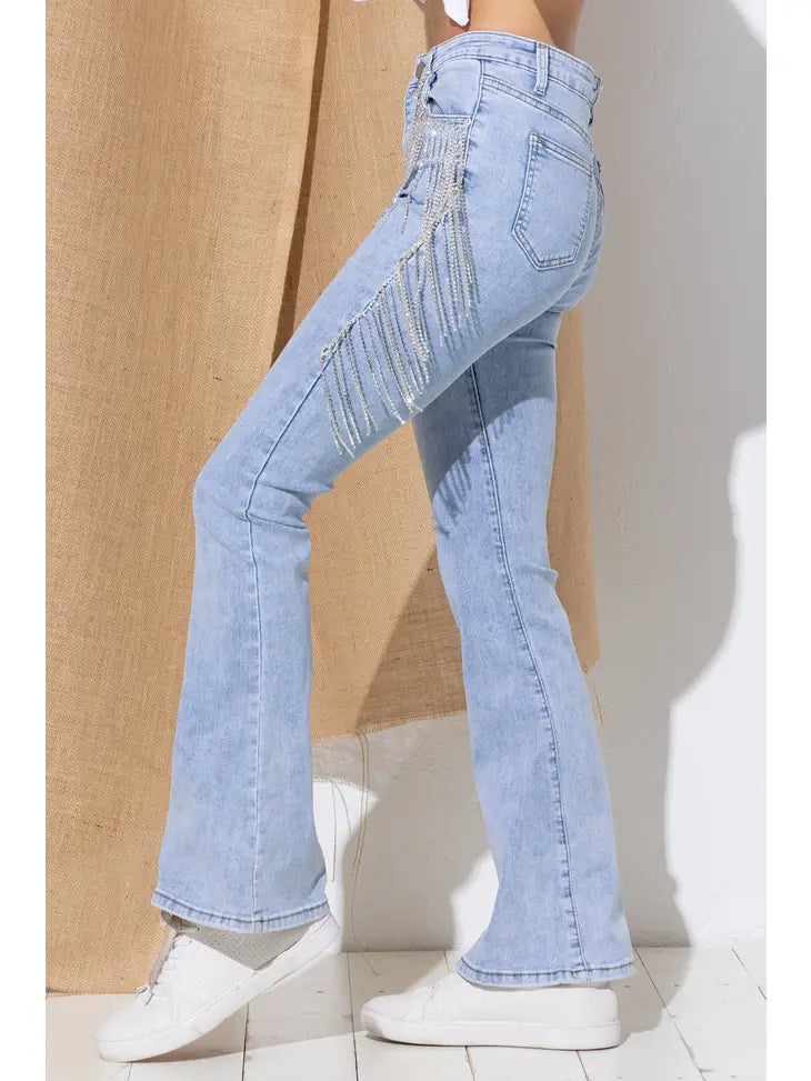 Model wearing Shimmery As Can Be Denim Jeans in light blue, featuring a straight-leg fit with subtle shimmer finish and classic five-pocket design.
