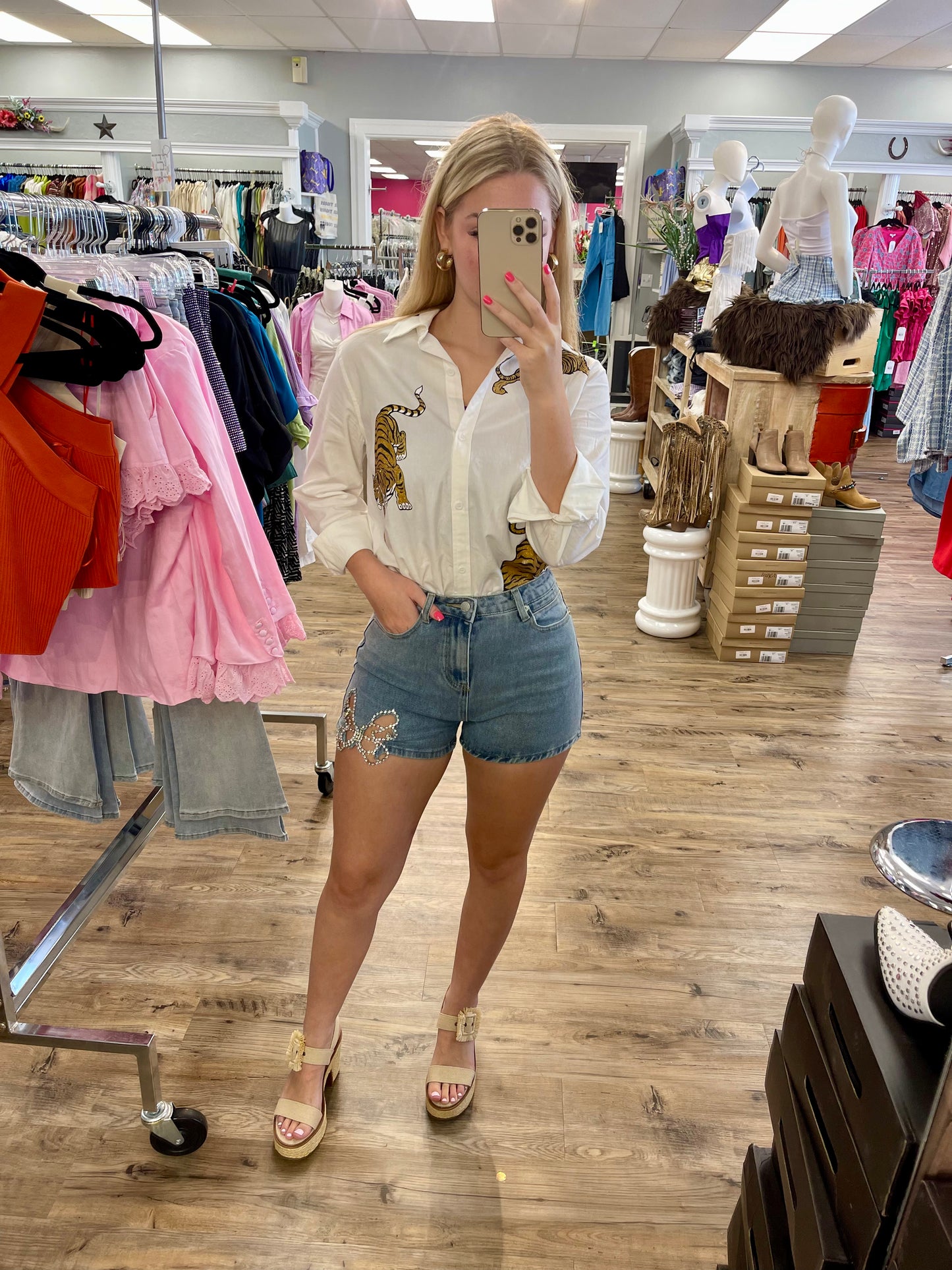 Butterfly Rhinestone Denim Shorts