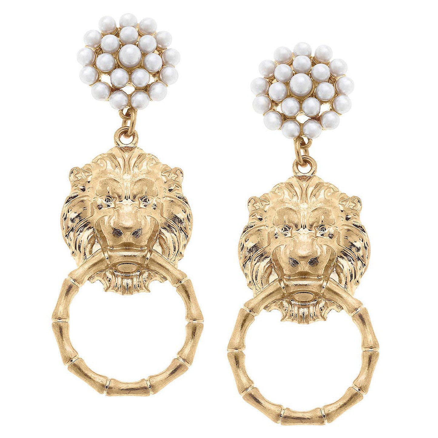 Deanna Pearl Cluster Lion Head Door Knocker Drop Earrings