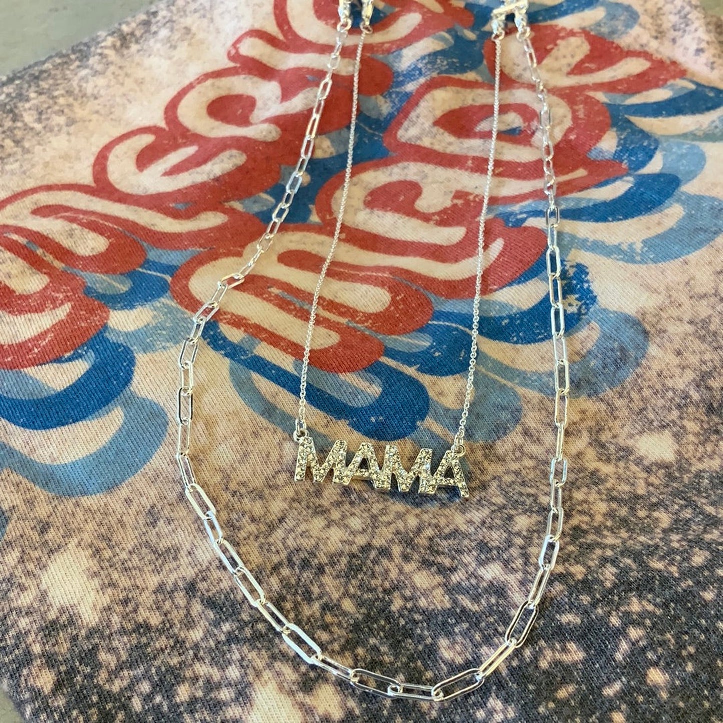 Silver Rhinestone Layered MAMA Necklace