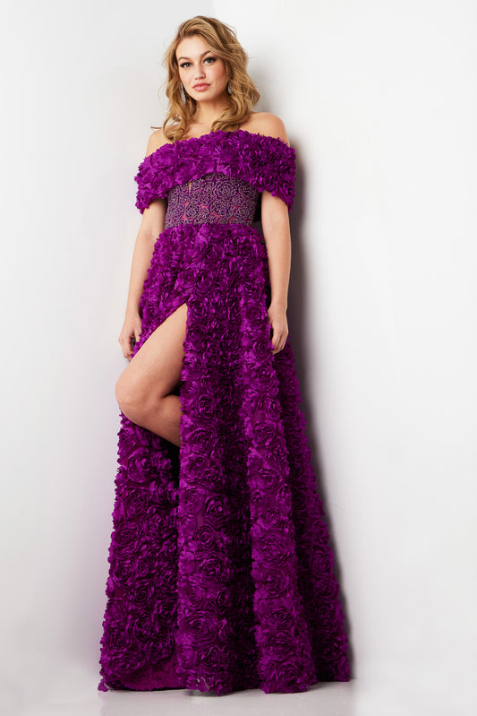 Woman wearing a purple off-shoulder gown with floral details on a white background