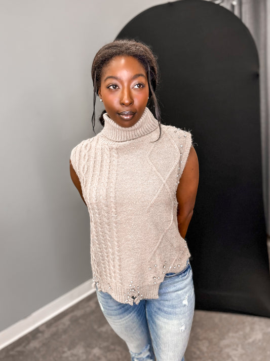 Taupe Turtleneck Sleeveless Sweater