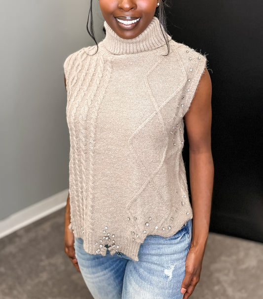 Taupe Turtleneck Sleeveless Sweater
