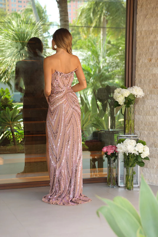 Back view of Ava Presley 47123 gown in rose gold with sequin detailing and subtle train.