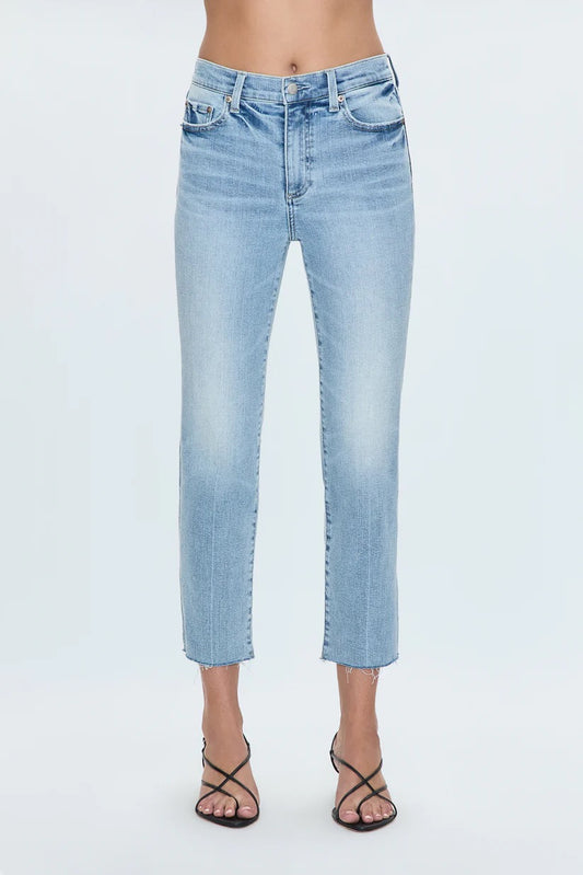 Close-up view of front fit and light wash detail of Pistola Monroe Jean in Strive