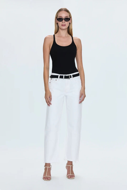 Woman wearing Pistola Lexi Mid Rise Wide Leg Trouser in Luxe White with black tank and sunglasses