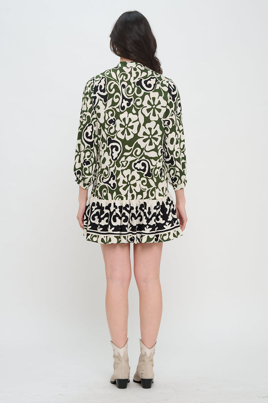 Olive Scroll Long Sleeve Dress