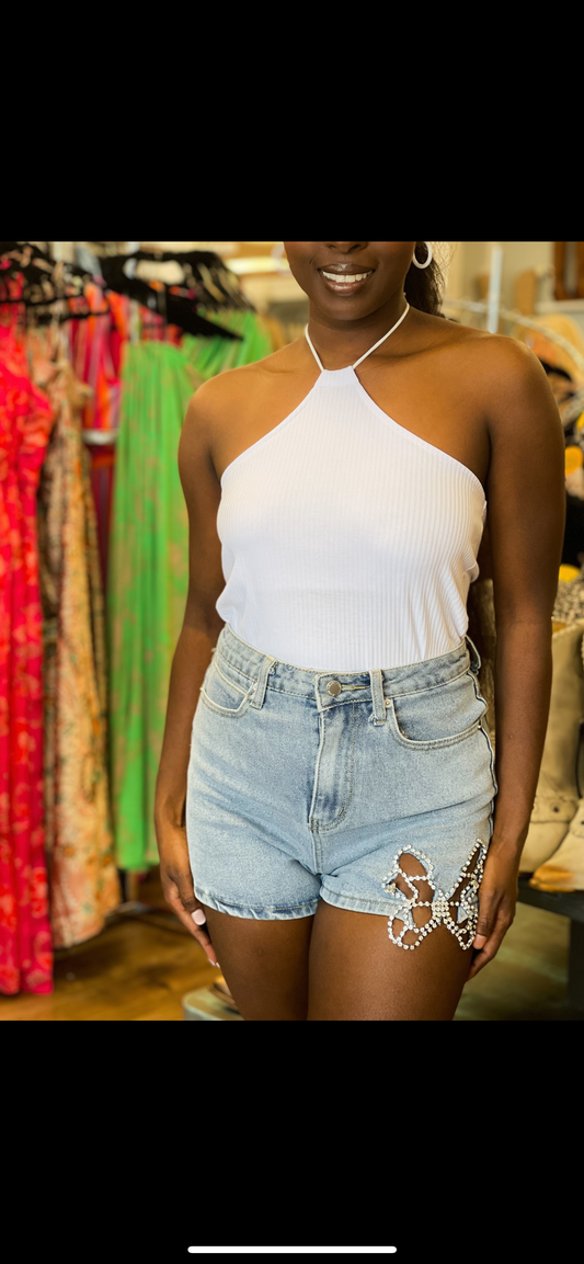 Butterfly Rhinestone Denim Shorts
