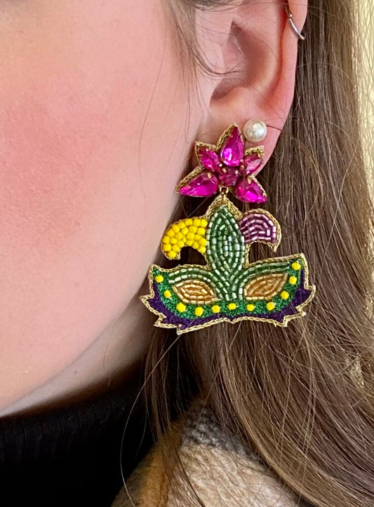 Beaded Mardi Gras Mask Earrings