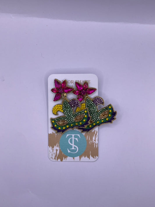 Beaded Mardi Gras Mask Earrings