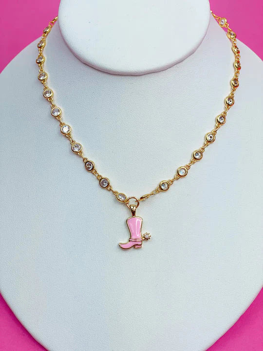 Boot CZ Chain Necklace, Pink
